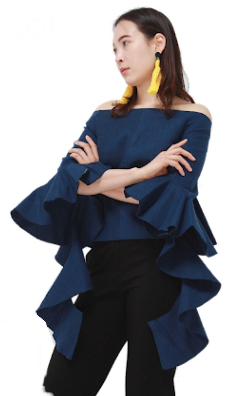 CQ BY CQ Linen Blouse Top Off The Shoulder Ruffle Embellishment 3/4 Sleeve Navy